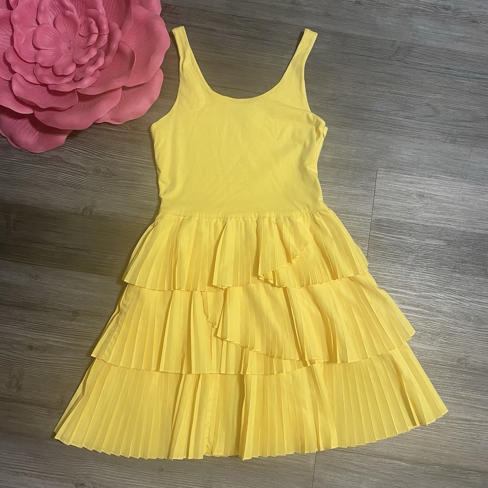 RALPH LAUREN Girl's Size 16 Yellow Pleated Tiered Sleeveless Dress Cotton Blend